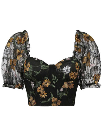 1960s Floral Embroidered Mesh Puff-Sleeve Crop Top - vintage fashion, retro style, elegant red