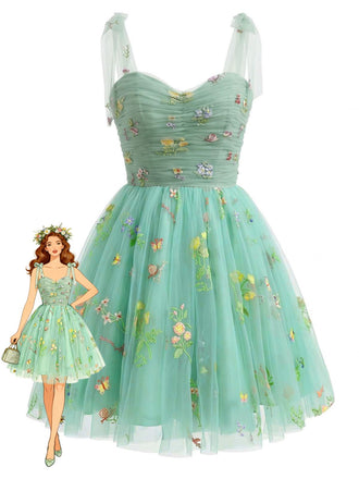 Green 1960s Floral Embroidered Mesh Tutu Dress, vintage dress, retro fashion, floral print - perfect for women who love vintage and retro fashion