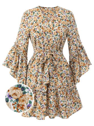 1960s Floral Flared Long Sleeve Dress With Belt, vintage dress, retro fashion, floral print - perfect for women who love vintage and retro fashion