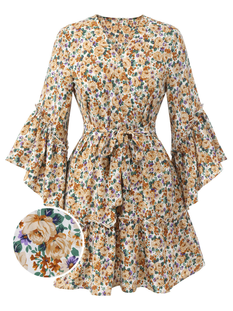 Retro Stage Floral Flared Long Sleeve Mini Dress with Belt in Beige Retro Stage Floral Flared Long Sleeve Mini Dress with Belt in Beige
