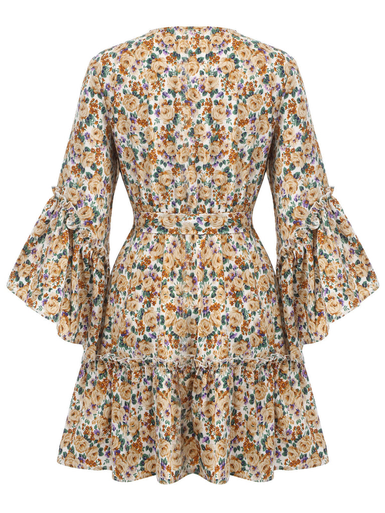 Retro Stage Floral Flared Long Sleeve Mini Dress With Belt in Beige