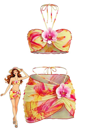 1960s Floral Print Halter Bikini Set & Bodycon Cover-Up - vintage fashion, retro style