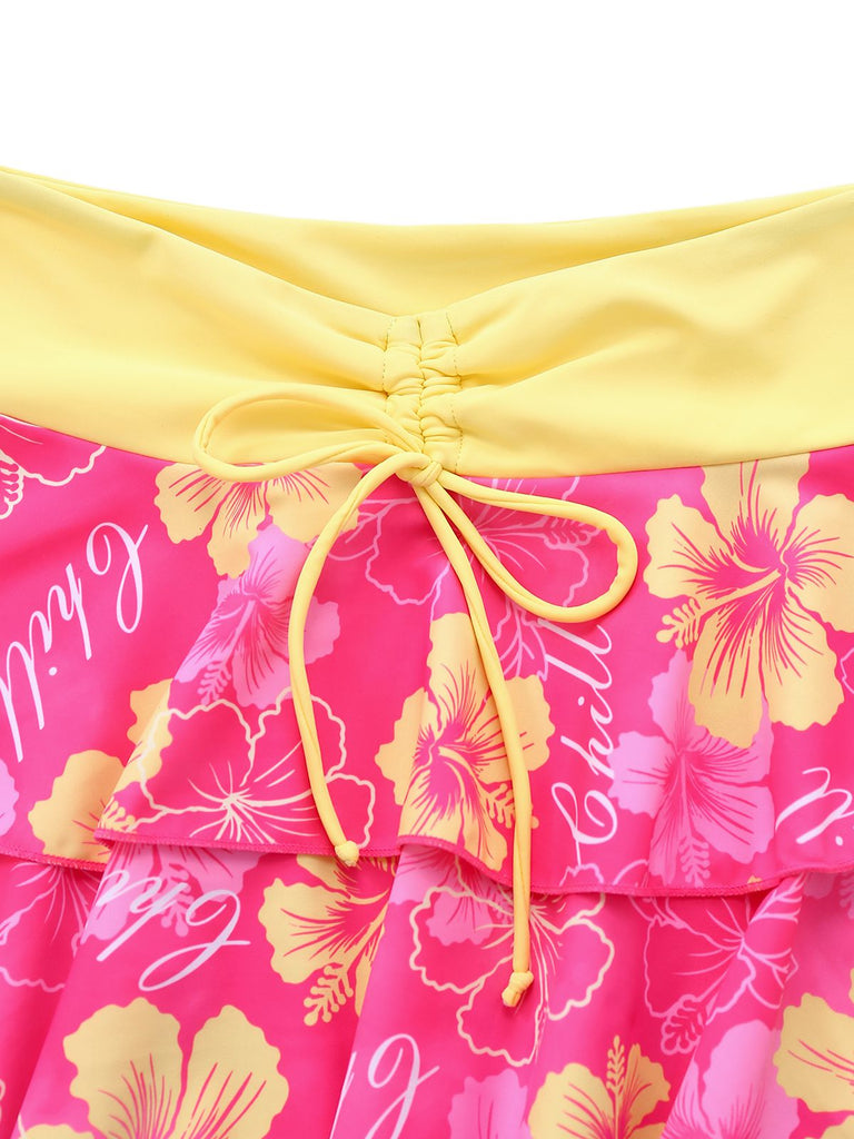 1960s Floral Print Tie-Front Layered Bikini Set - vintage fashion, retro style, elegant red