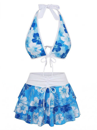 1960s Floral Print Tie-Front Layered Bikini Set - vintage fashion, retro style, elegant red