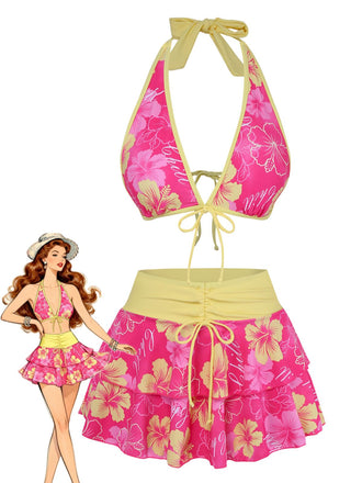 1960s Floral Print Tie-Front Layered Bikini Set - vintage fashion, retro style, elegant red