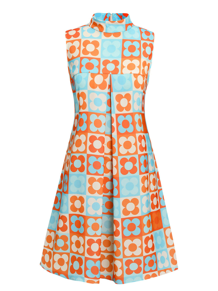 Retro Stage Floral Stand Collar Shift Mini Dress Orange & Blue Retro Stage Floral Stand Collar Shift Mini Dress Orange & Blue