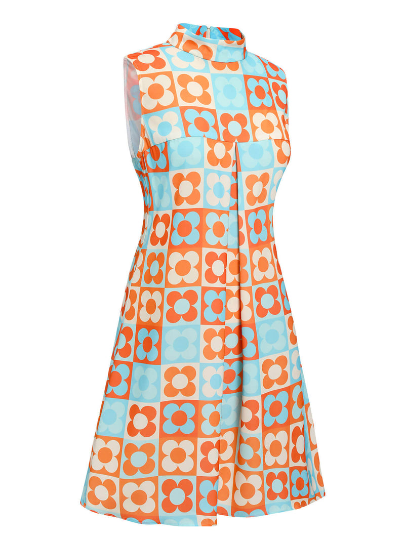 vintage 60s mini dress Orange & Blue 1960s Floral Stand Collar colorgrp-49139 designed exclusively by Trendy Best Ways to Style Color:BLUE WHITE