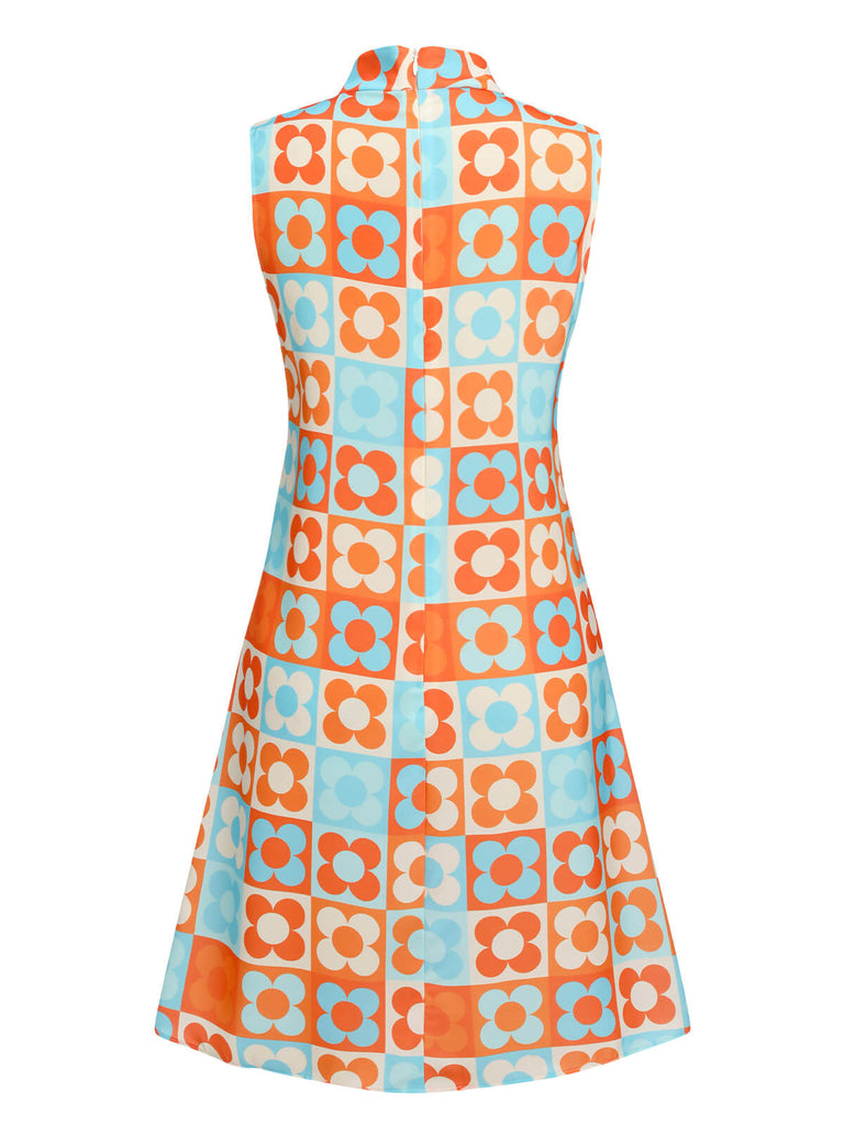Retro Stage Floral Stand Collar Shift Mini Dress Orange & Blue