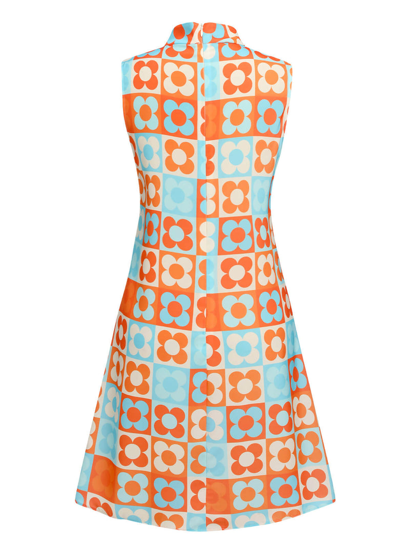 Orange & Blue 1960s Floral Stand Collar Dress