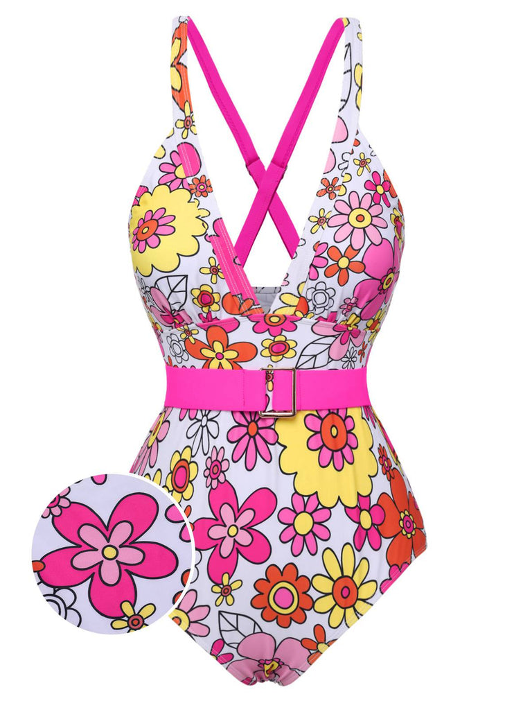 1960s Flowers Back-Cross Strap Belt Swimsuit | Retro Stage
