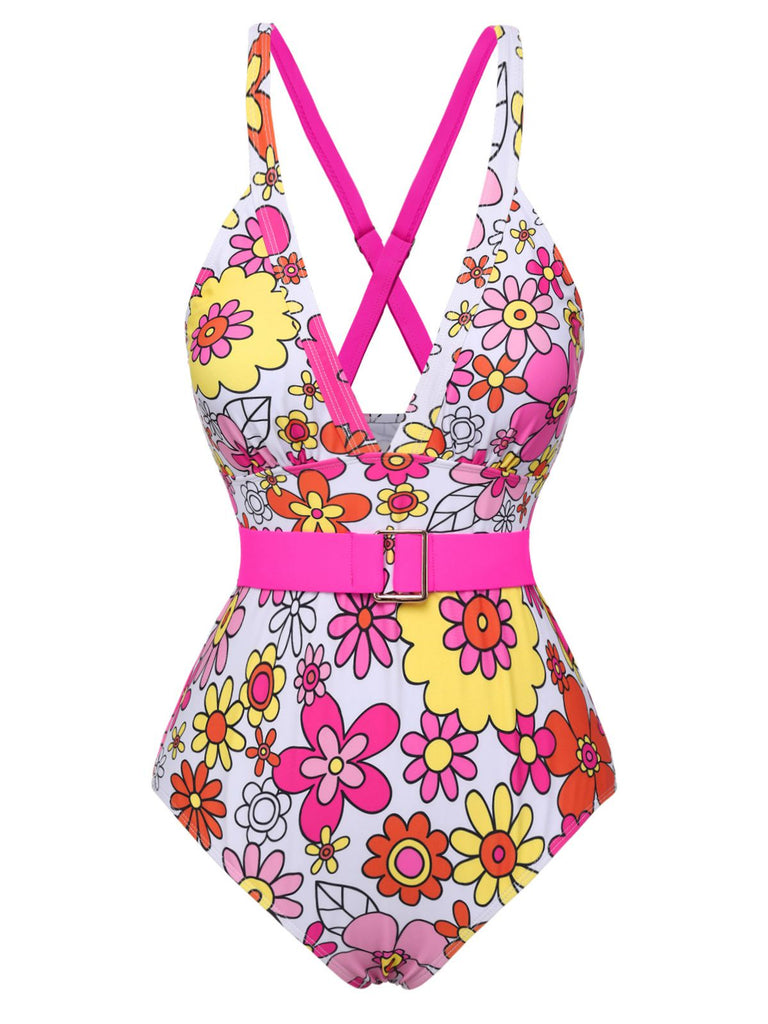 K様épine rétro flower bi-color swim wear 1960s Flowers Back-Cross Strap Belt Swimsuit | Retro Stage