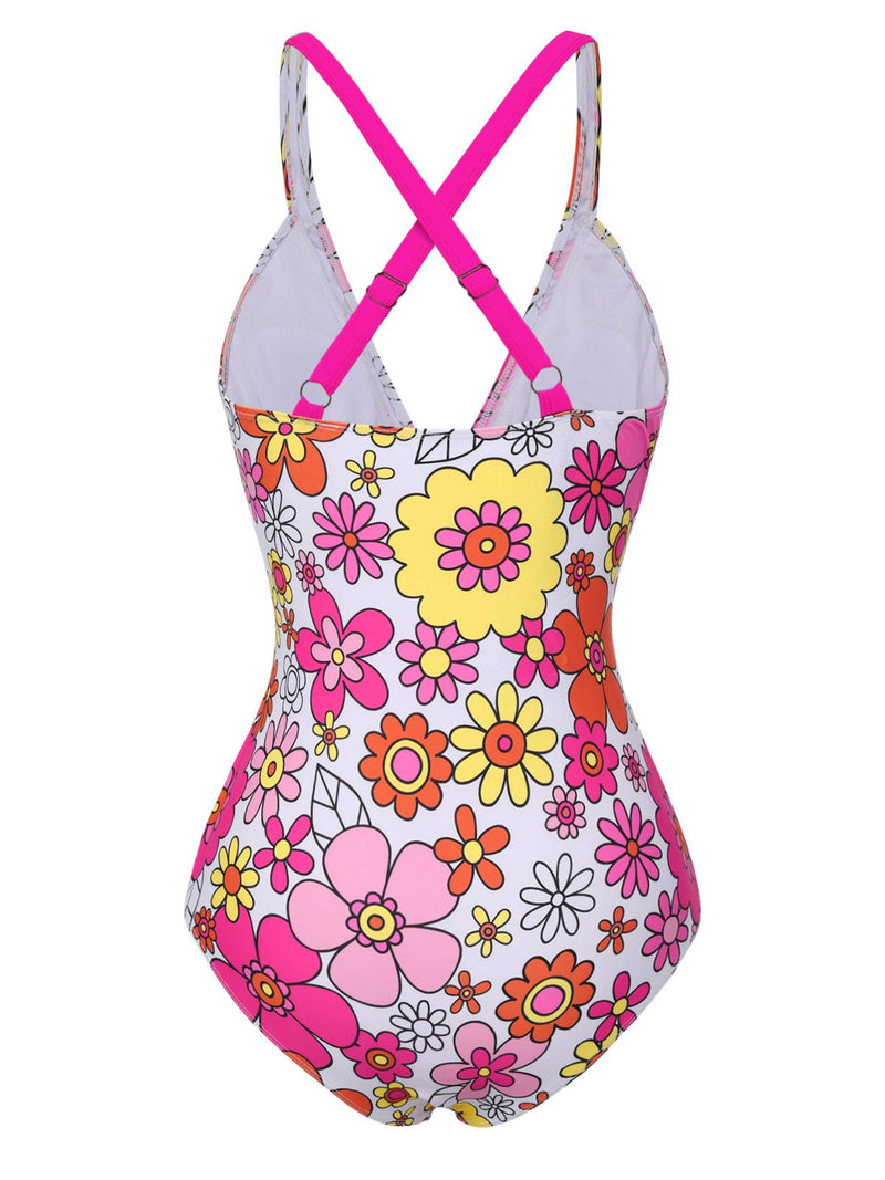 1960s Flowers Back-Cross Strap Belt Swimsuit | Retro Stage