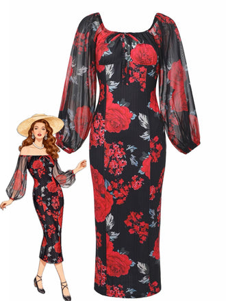 1960s French Tea Floral Off-Shoulder Bodycon Dress - vintage dress, retro fashion