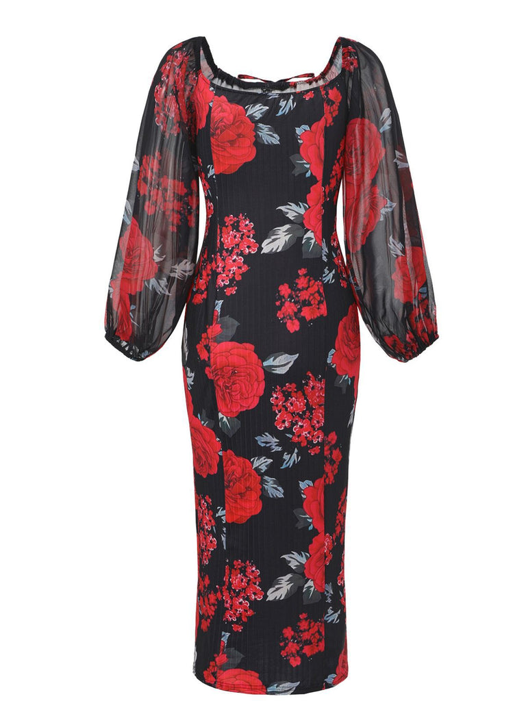1960s French Tea Floral Off-Shoulder Bodycon Dress - vintage dress, retro fashion