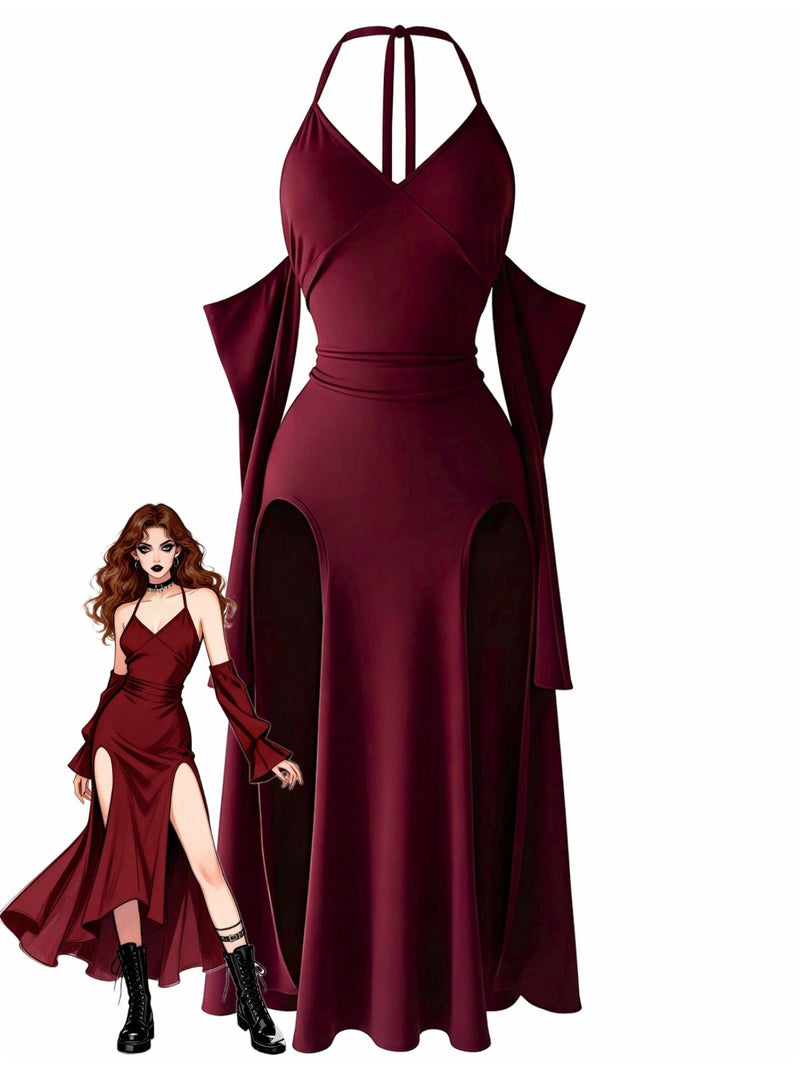 1960s Gothic Halter Draped Sleeves High Slit Maxi Dress