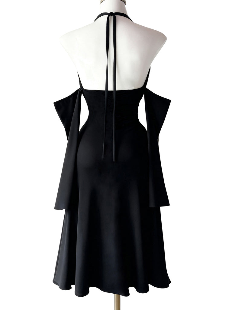 1960s Gothic Halter Draped Sleeves High Slit Maxi Dress