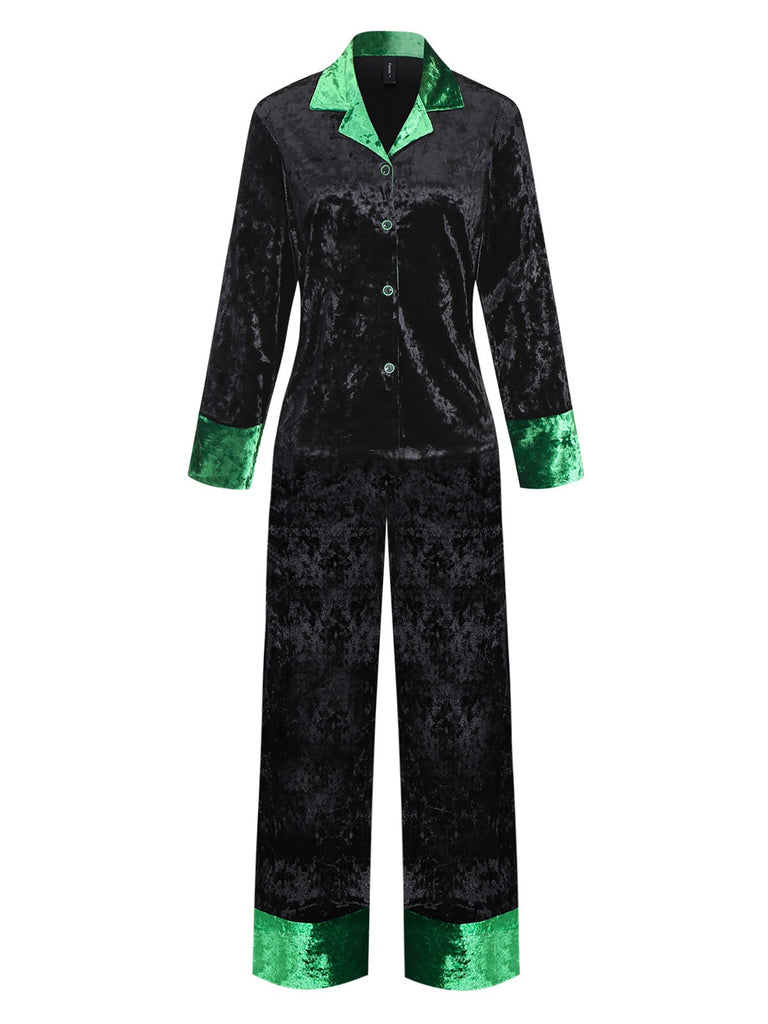 Green & Black 1960s Shimmer Velvet Notched Collar Pajama Set - vintage fashion, retro style, classic black