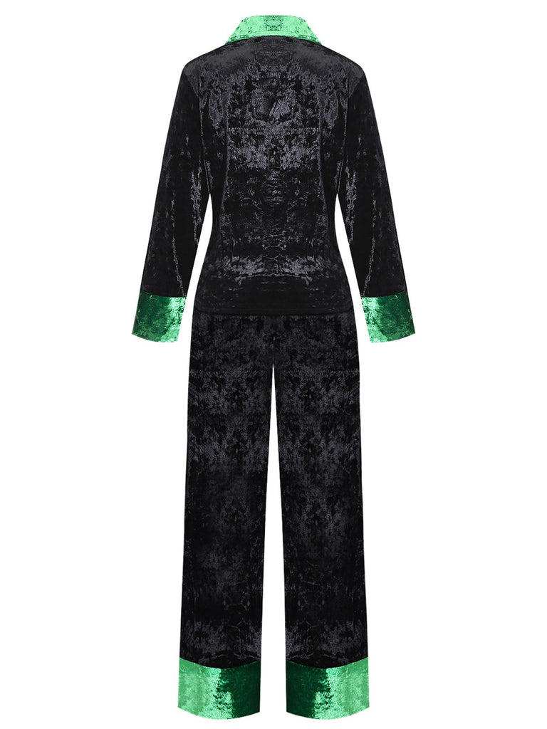 Green & Black 1960s Shimmer Velvet Notched Collar Pajama Set - vintage fashion, retro style, classic black