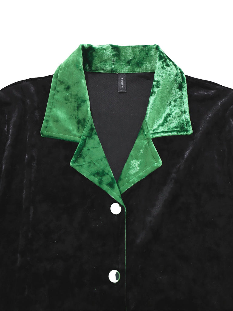 Green & Black 1960s Shimmer Velvet Notched Collar Pajama Set - vintage fashion, retro style, classic black
