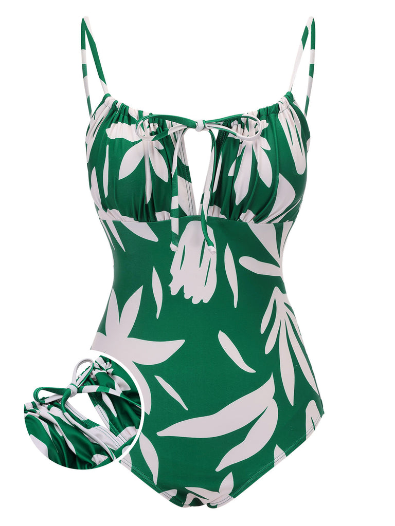 1960s Green Leaf Sleeveless Camisole Strap Swimsuit, vintage swimsuit, pin-up swimwear - perfect for women who love vintage and retro fashion