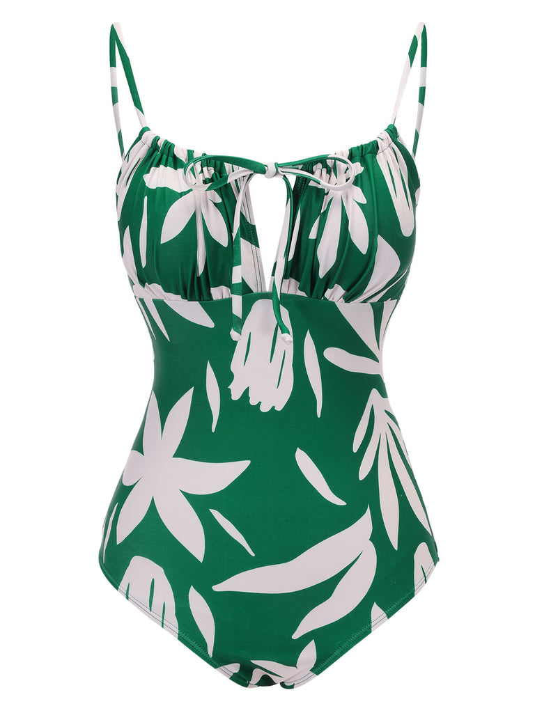 1960s Green Leaf Sleeveless Camisole Strap Swimsuit, vintage swimsuit, pin-up swimwear - perfect for women who love vintage and retro fashion