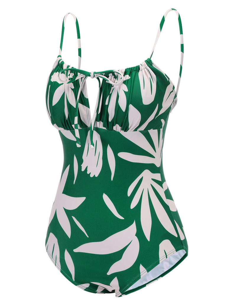 1960s Green Leaf Sleeveless Camisole Strap Swimsuit, vintage swimsuit, pin-up swimwear - perfect for women who love vintage and retro fashion