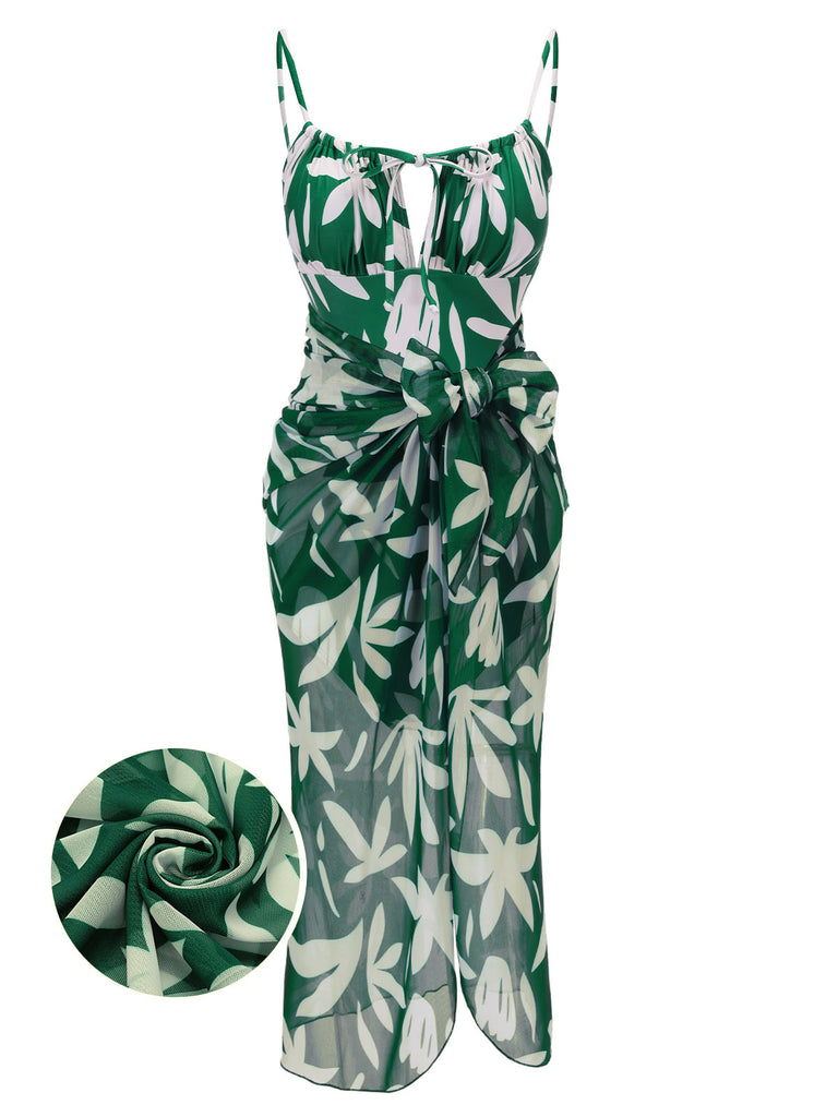 1960s Green Leaf Sleeveless Camisole Strap Swimsuit, vintage swimsuit, pin-up swimwear - perfect for women who love vintage and retro fashion