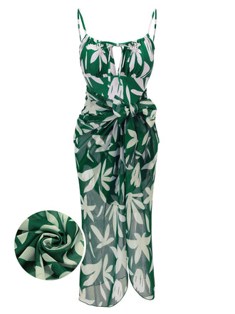 1960s Green Leaf Sleeveless Camisole Strap Swimsuit, vintage swimsuit, pin-up swimwear - perfect for women who love vintage and retro fashion