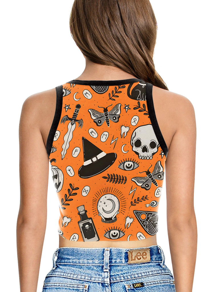 1960s Halloween Skull Pumpkin Crop Sleeveless Top - vintage fashion, retro style