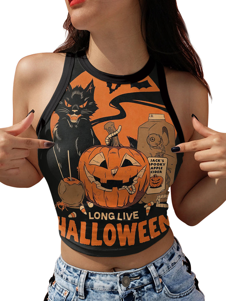 1960s Halloween Skull Pumpkin Crop Sleeveless Top - vintage fashion, retro style