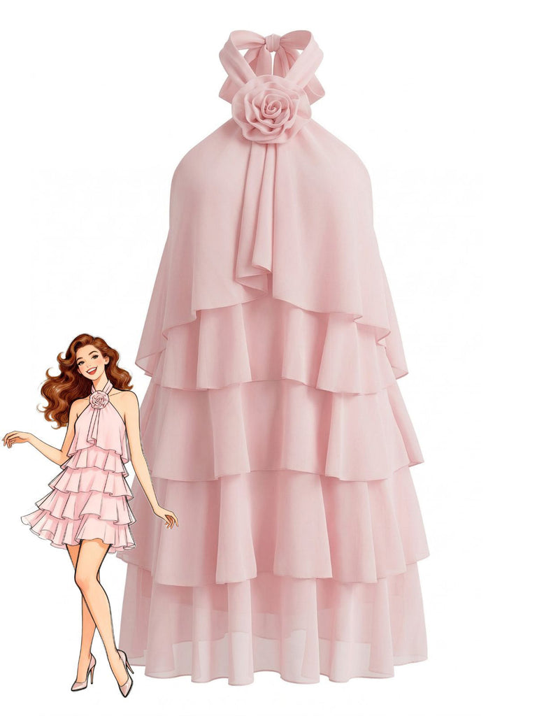 1960s Halter Backless Ruffle Tiered Swing Dress