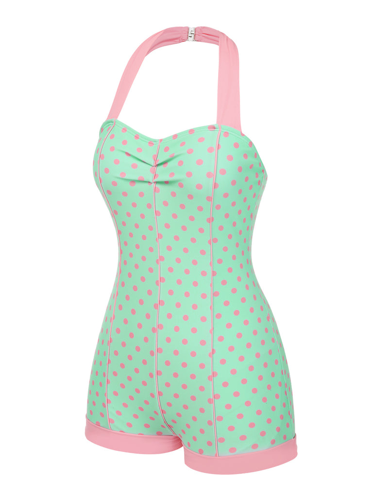 1960s Halter Contrast Polka Dots Heart Swimsuit - vintage swimsuit, pin-up style