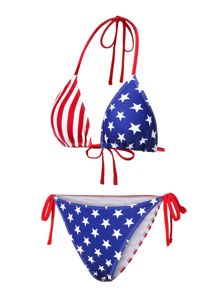 This 1960s Halter Contrast Stripes Stars Bikini carries 1960s vacation dreams in every stitch