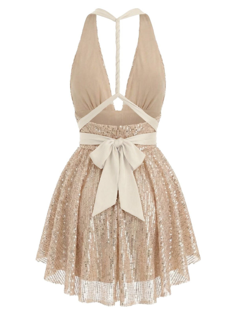 Women's Halter Plunging Sequins Bow-Tie Mini Dress