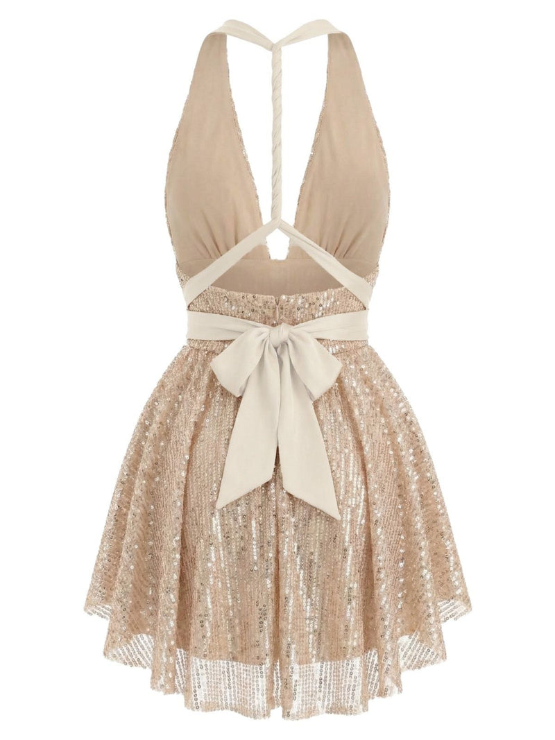Women's Halter Plunging Sequins Bow-Tie Mini Dress
