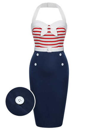 She slips into this 1960s Halter Stripes Bow Belted Dress and suddenly it's a 1960s daydream