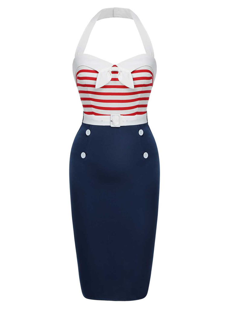 4th of July Outfits | Nautical Halter Striped Bow Belted Pencil Dress 4th of July Outfits | Nautical Halter Striped Bow Belted Pencil Dress