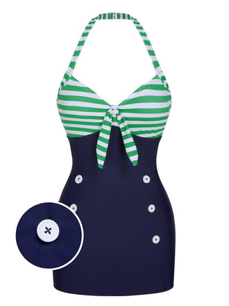 She's wearing 1960s Halter Strips Buttoned One-Piece Swimsuit and the whole beach remembers the 1960s