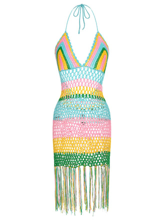 She finds her 1960s story in this 1960s Handmade Crochet Tassel Halter Cover-Up