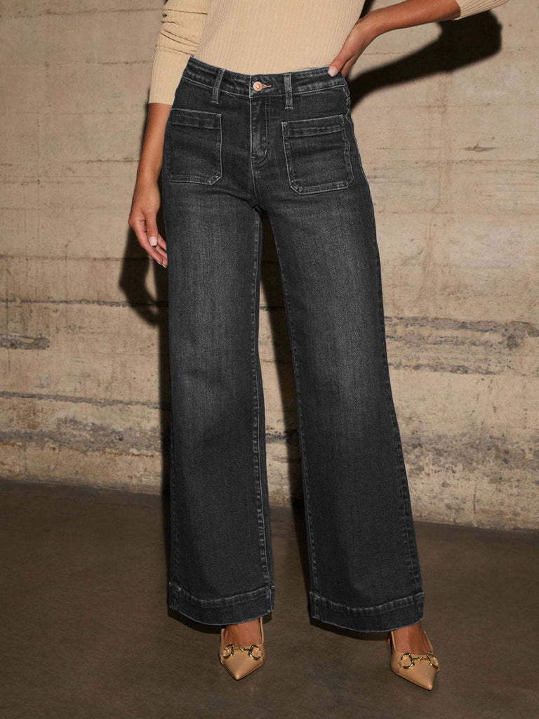 1960s High Waist Wide-Leg Patch Pocket Jeans - vintage fashion, retro style