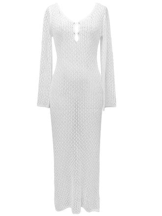She slips into this 1960s Hollow Knitted Maxi Dress Cover-Up and suddenly it's a 1960s daydream