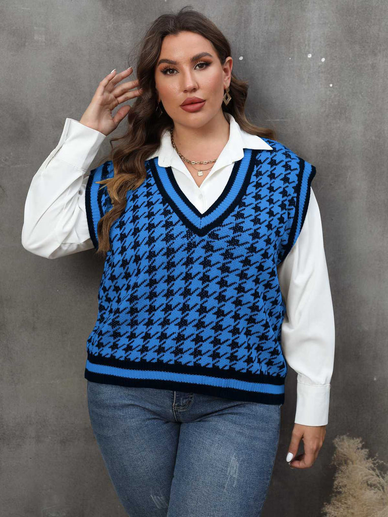 Plus Size] 1960s Jacquard Contrasting Houndstooth Wool Vest