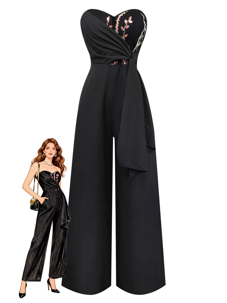 Black 1960s Embroidered Floral Tie-Up Strapless Jumpsuit - vintage jumpsuit, retro fashion, classic black