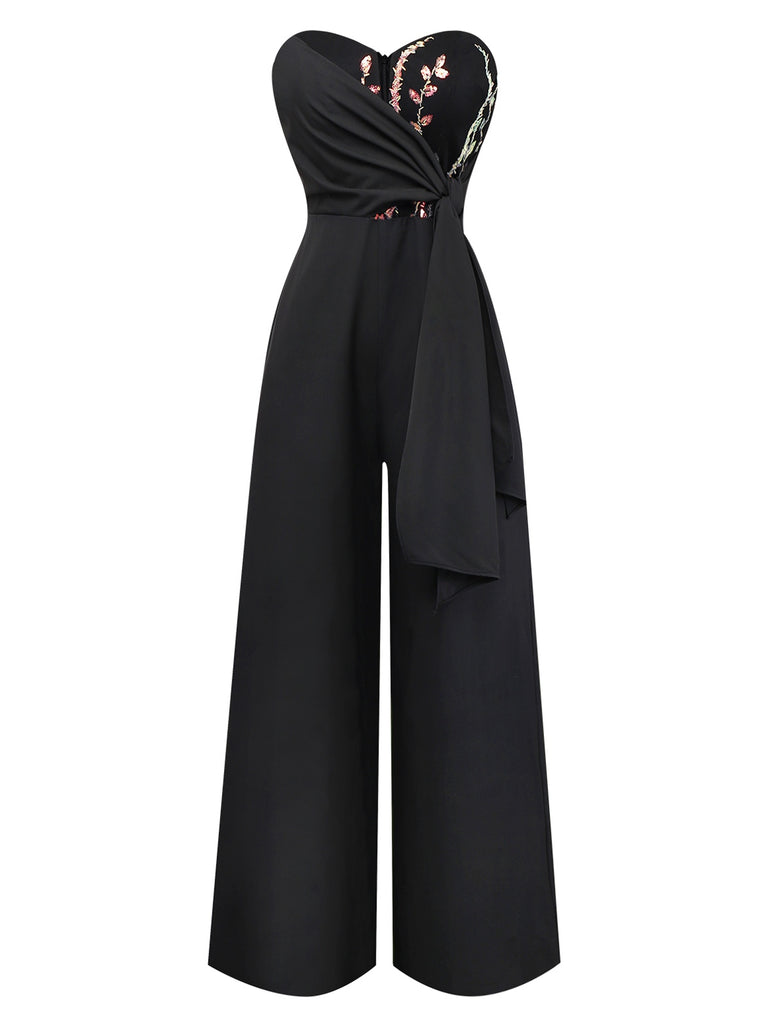 Black 1960s Embroidered Floral Tie-Up Strapless Jumpsuit - vintage jumpsuit, retro fashion, classic black