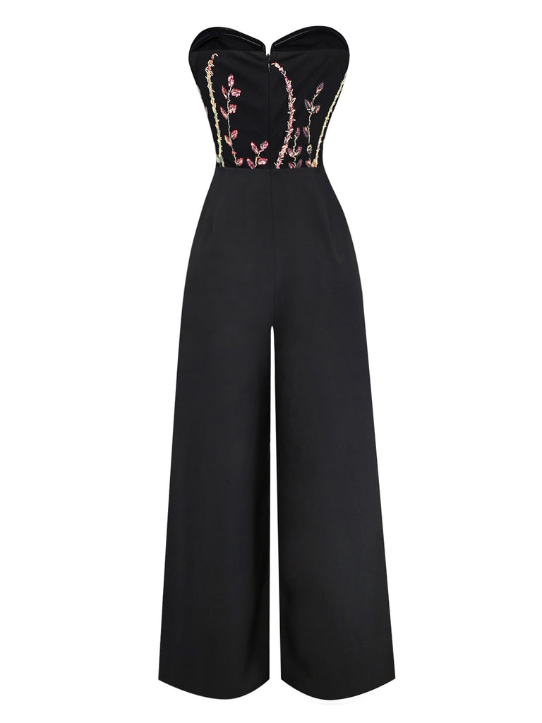 Black 1960s Embroidered Floral Tie-Up Strapless Jumpsuit - vintage jumpsuit, retro fashion, classic black