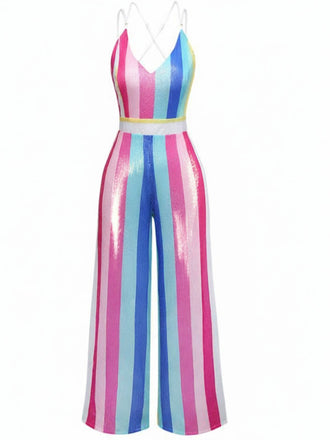 Multicolor 1960s V-Neck Sequined Vertical Striped Jumpsuit - vintage jumpsuit, retro fashion