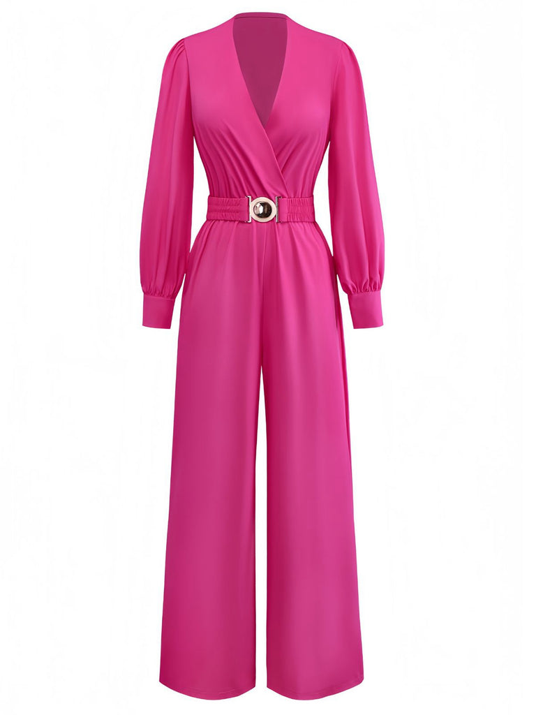 Rose Pink 1960s Deep V Belted Lantern Sleeve Solid Jumpsuit - vintage jumpsuit, retro fashion