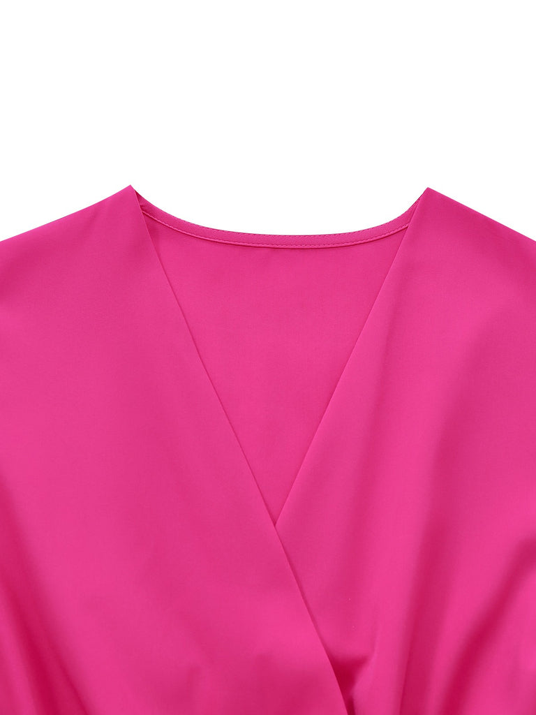 Rose Pink 1960s Deep V Belted Lantern Sleeve Solid Jumpsuit - vintage jumpsuit, retro fashion