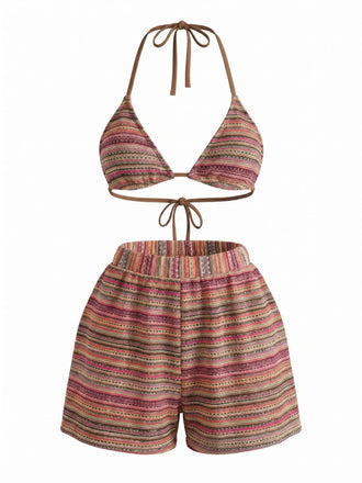 1960s Knitted Striped Halter Triangle Bikini Set - vintage fashion, retro style