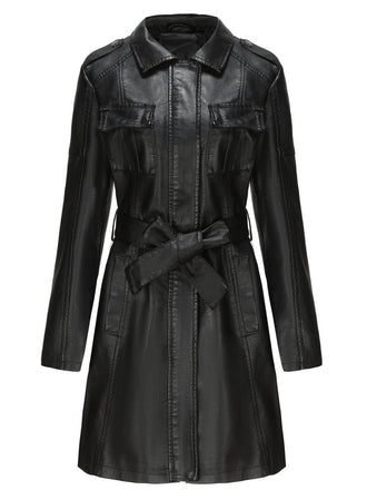 1960s Lapel Belted Long Leather Jacket - vintage fashion, retro style
